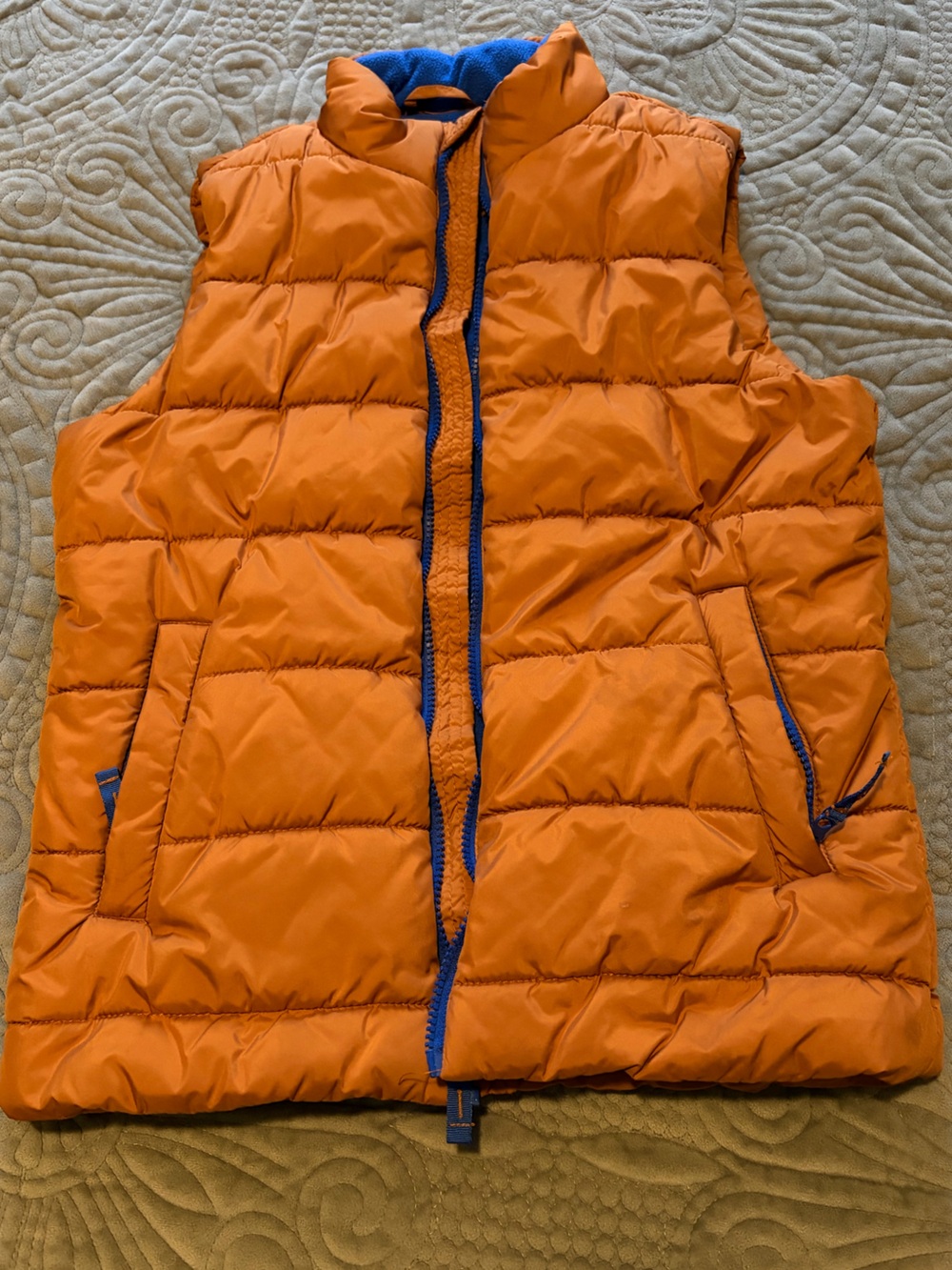 Amazon Essentials Orange Puffer Vest with Blue Trim